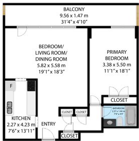 A floor plan of a small apartment with a kitchen, living room, dining room, and two bedrooms.